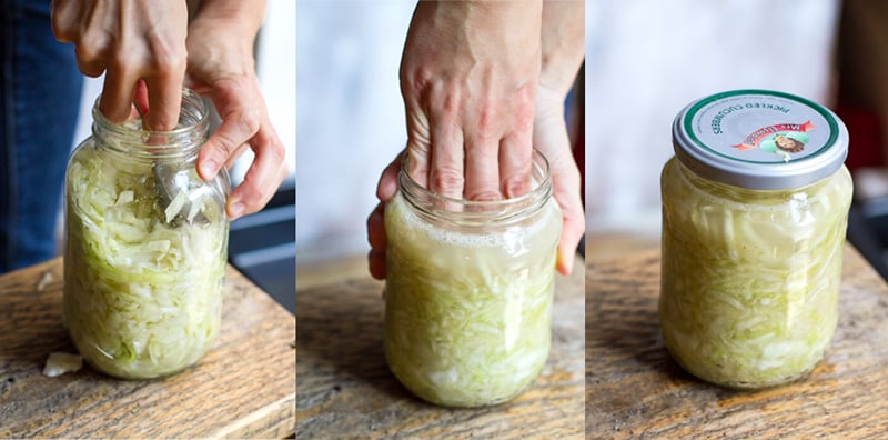 How to make sauerkraut step 4- stuffing cabbage and brine in a jar