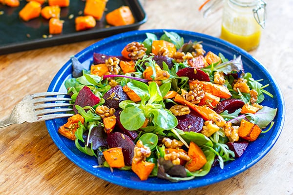 Roast Pumpkin And Beetroot Salad With Maple Walnuts Close Up