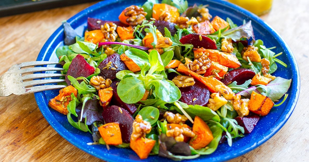 Roast Pumpkin & Beetroot Salad With Maple Walnuts
