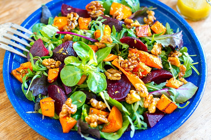 Roast Pumpkin And Beetroot Salad With Maple Walnuts Close Up