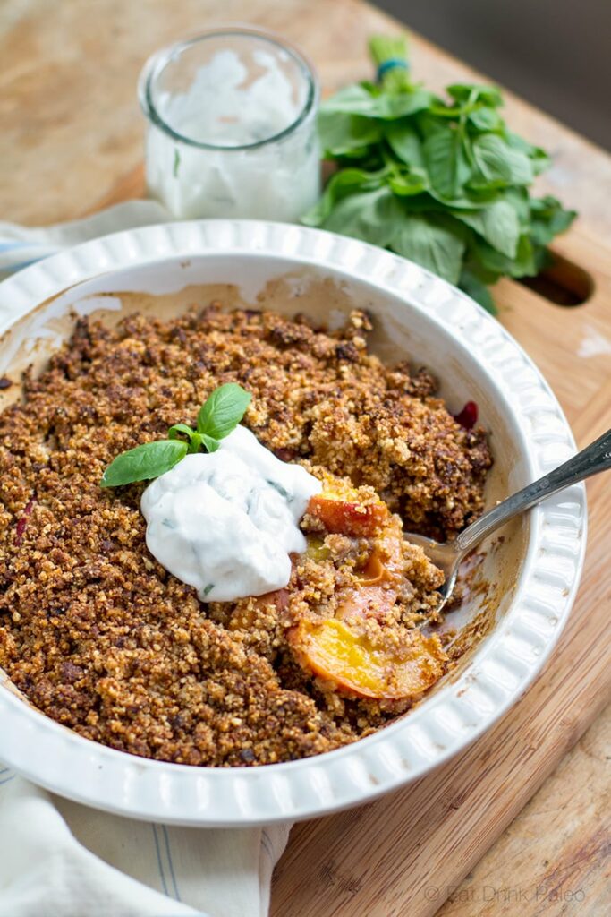 Paleo Peach Crisp With Basil Coconut Yoghurt