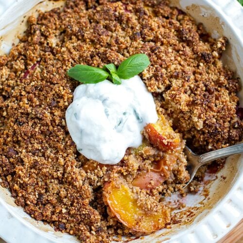 Paleo peach crumble with basil cream