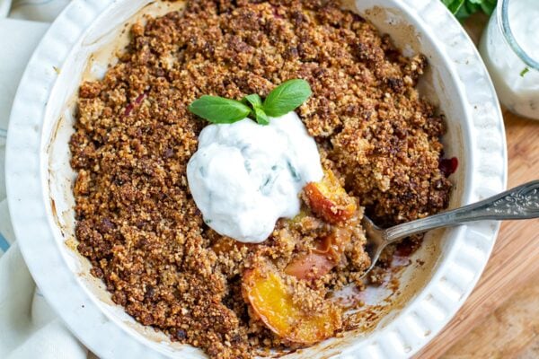 Paleo peach crumble with basil cream