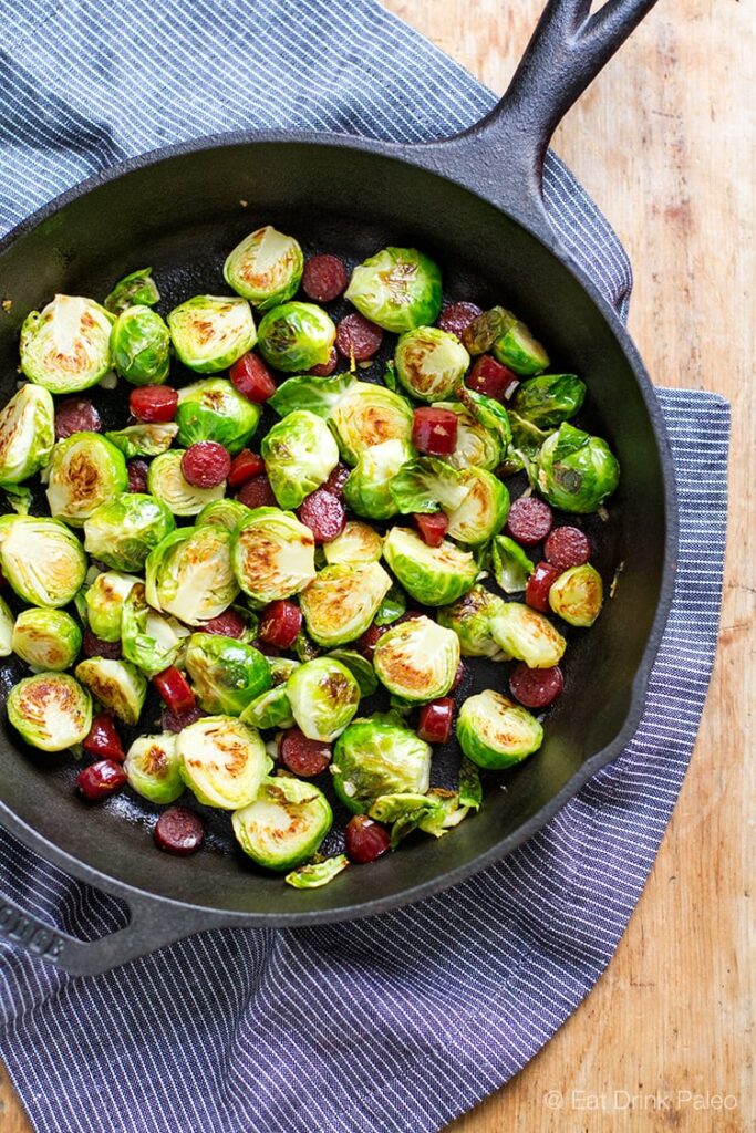 Perfect Pan-Fried Brussels Sprouts with Garlic & Kabanosi