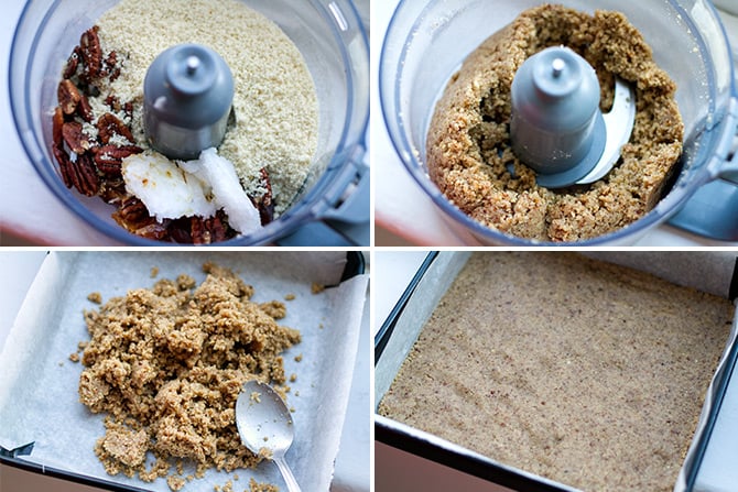 grind the nuts and combine the crust crumbs mixture in a food, spread on a baking tray.