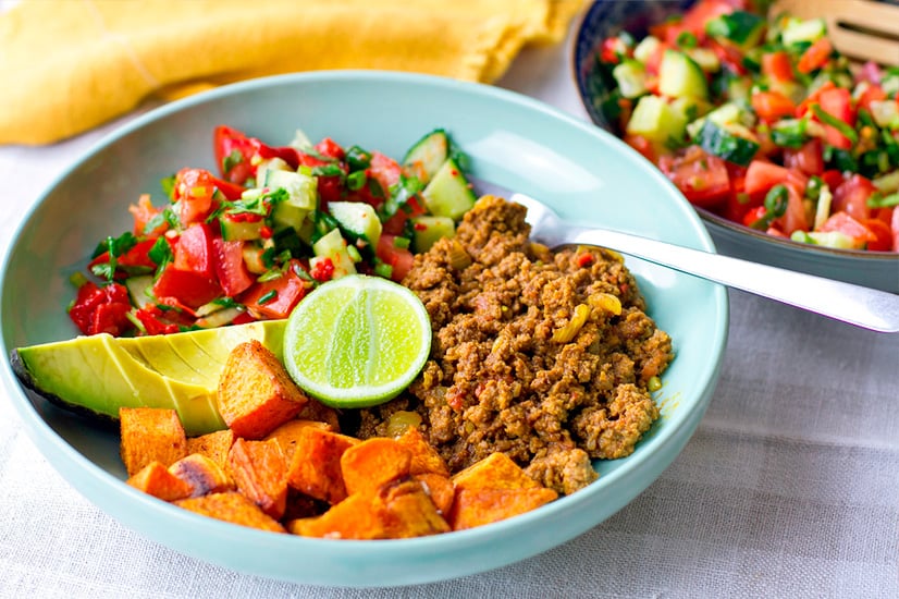 Paleo Naked Burrito Bowl With Ground Beef Chilli, Sweet Potato, Salsa & Avocado