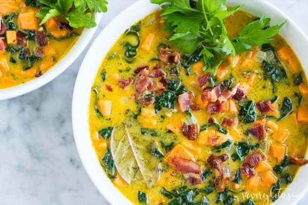 Paleo sweet potato bacon chowder