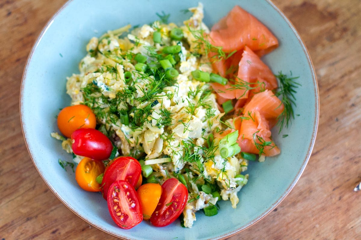 egg zucchini scramble with smoked salmon