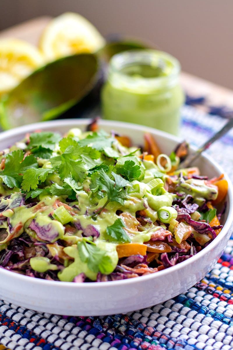 Red Cabbage Slaw With Creamy Avocado Dressing & Cilantro