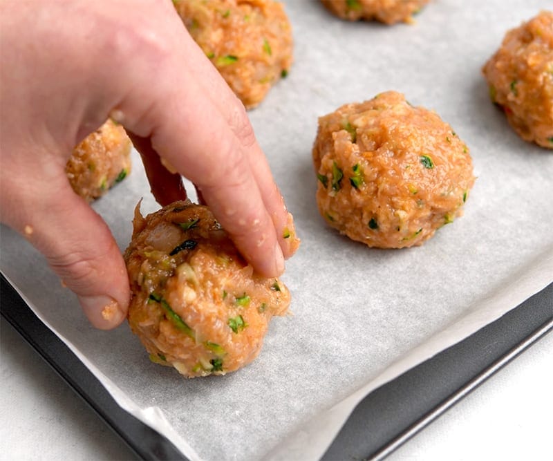 Zucchini turkey meatballs on baking tray