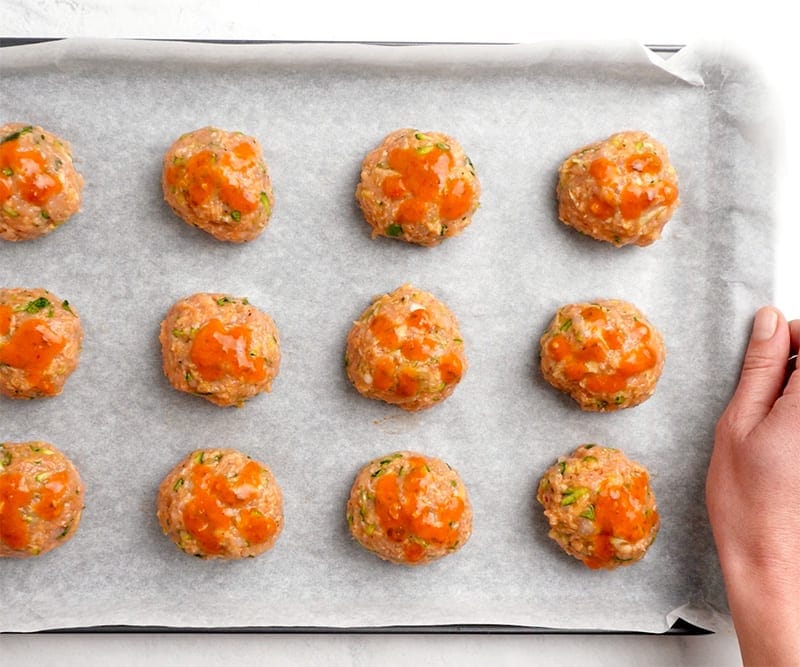 Turkey meatballs on the tray before baking