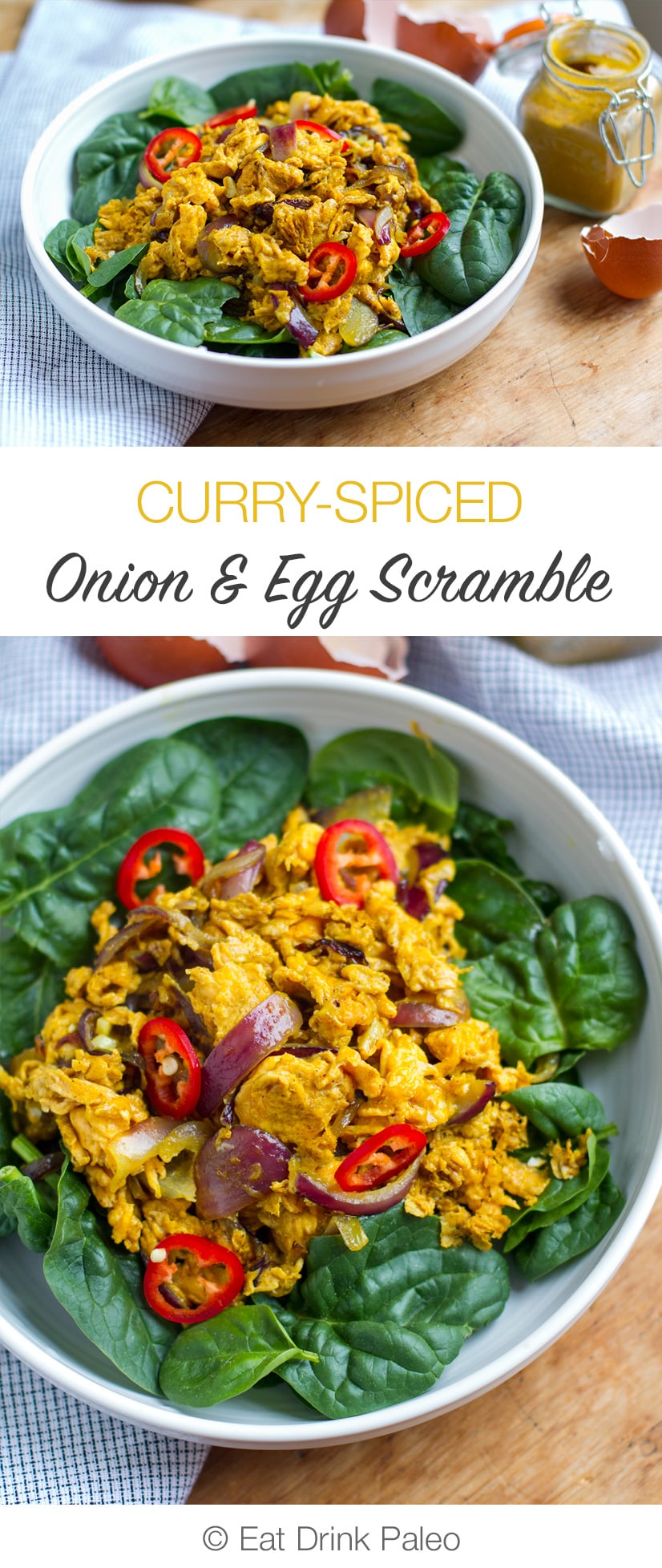 Curry Spiced Scrambled Eggs With Red Onion & Spinach