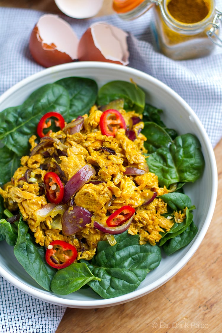 Curry Scrambled Eggs With Red Onion & Spinach