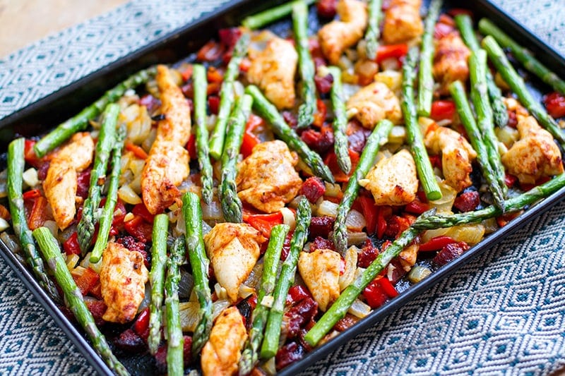 Sheet pan chicken chorizo and asparagus