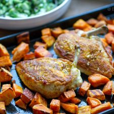 Paleo Crispy Skin Chicken With Sweet Potatoes & Broccoli Salad