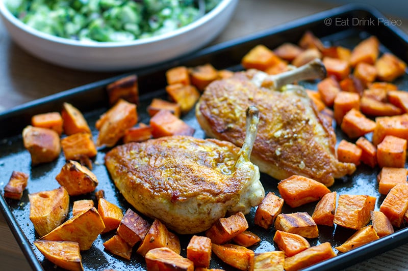 Paleo Crispy Skin Chicken With Sweet Potatoes & Broccoli Salad