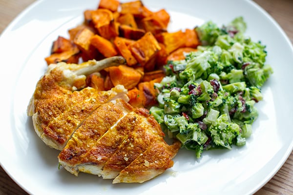 Crispy Skin Chicken With Sweet Potatoes & Broccoli Salad