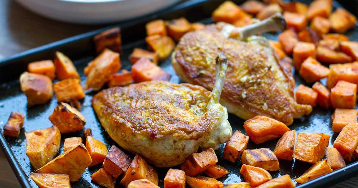 Crispy Skin Chicken With Sweet Potatoes & Broccoli Salad
