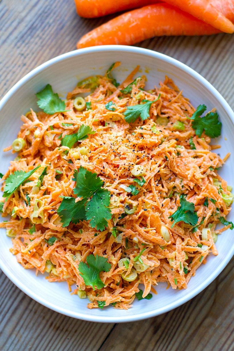 Carrot slaw salad with coriander and creamy mayo dressing