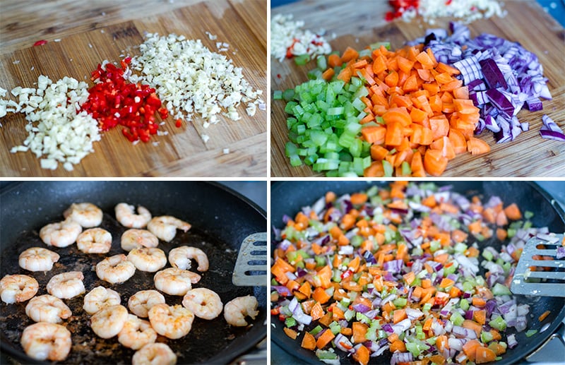 chopped aromatics, chopped veggies, pan-frying shrimp, sauteeing the veggies