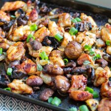 Sheet pan chicken mushroom bake with sticky balsamic sauce