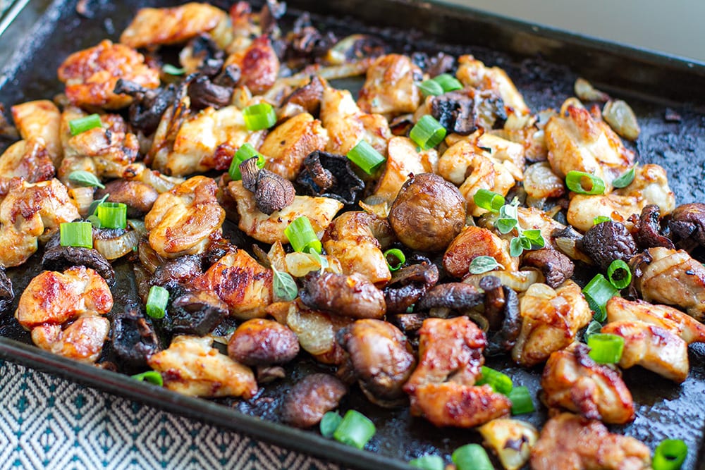 Sheet pan chicken mushroom bake with sticky balsamic sauce