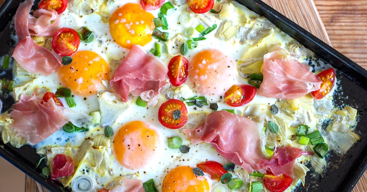 Italian Sheet Pan Eggs With Artichokes & Prosciutto