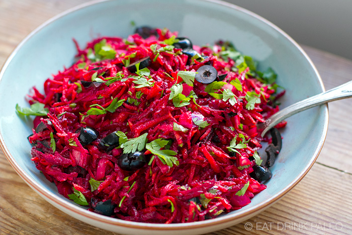 Beet Slaw salad with olives and pickled onions