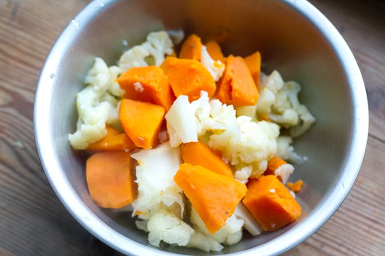 How to make cauliflower sweet potato mash - cook the vegetables