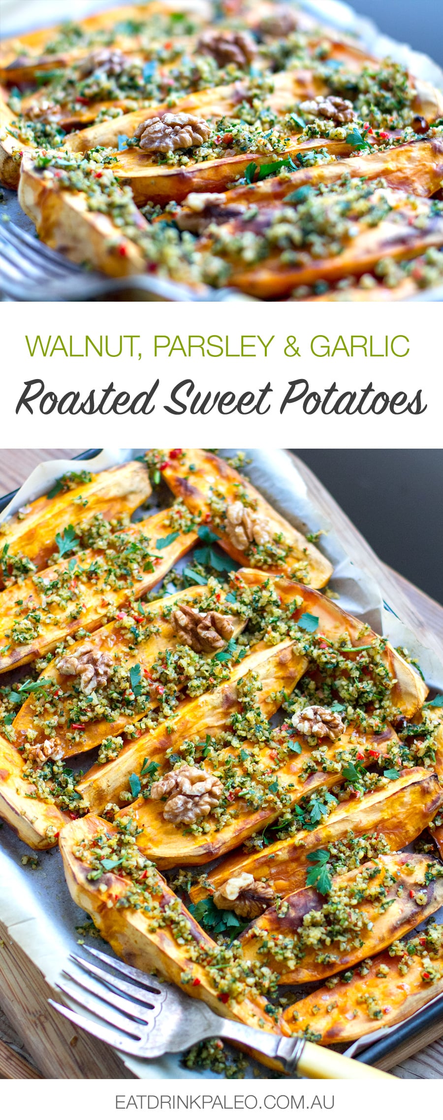 Walnuts, Parsley & Garlic Roasted Sweet Potatoes