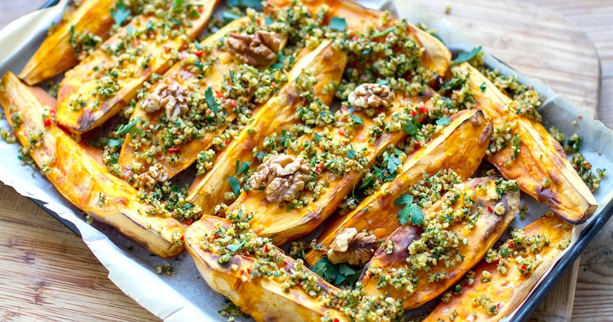 Roasted Sweet Potatoes With Walnut Parsley & Garlic