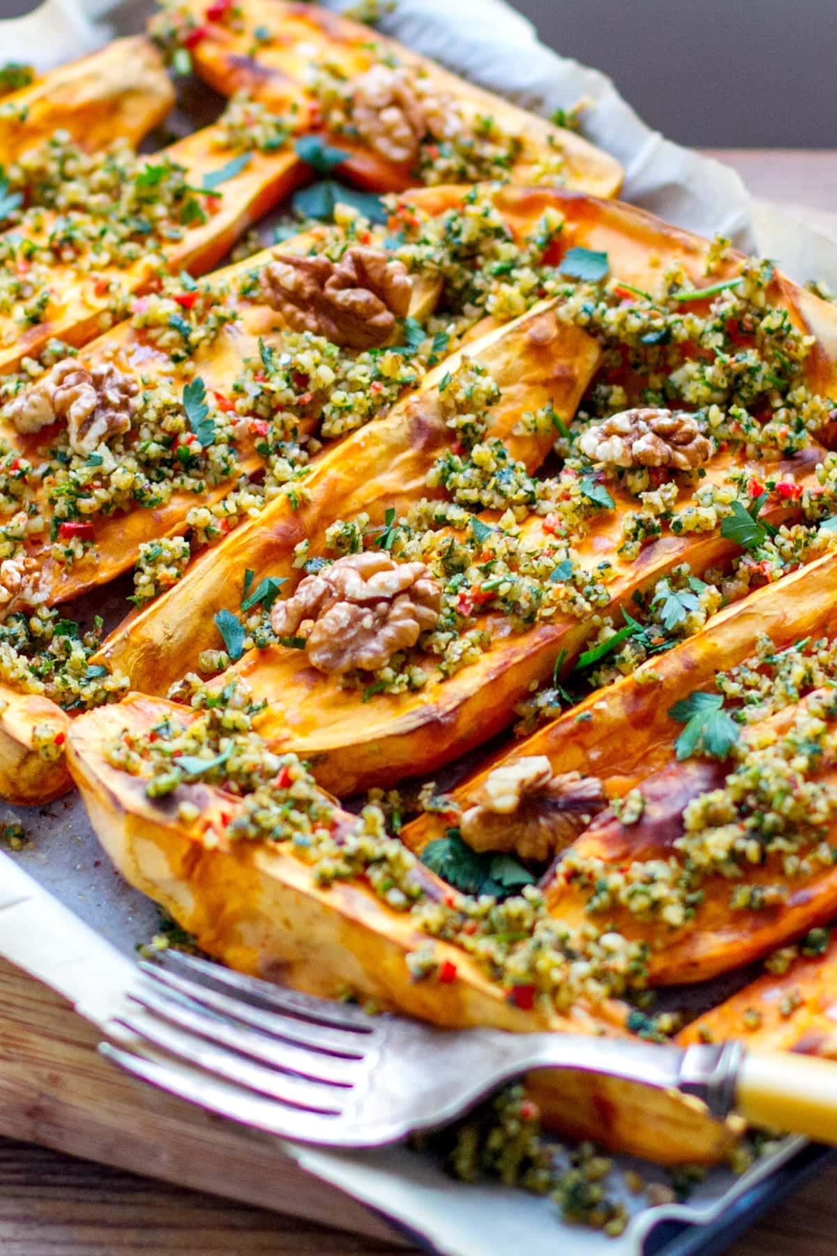 roasted sweet potatoes with walnut garlic parsley crumbs on top