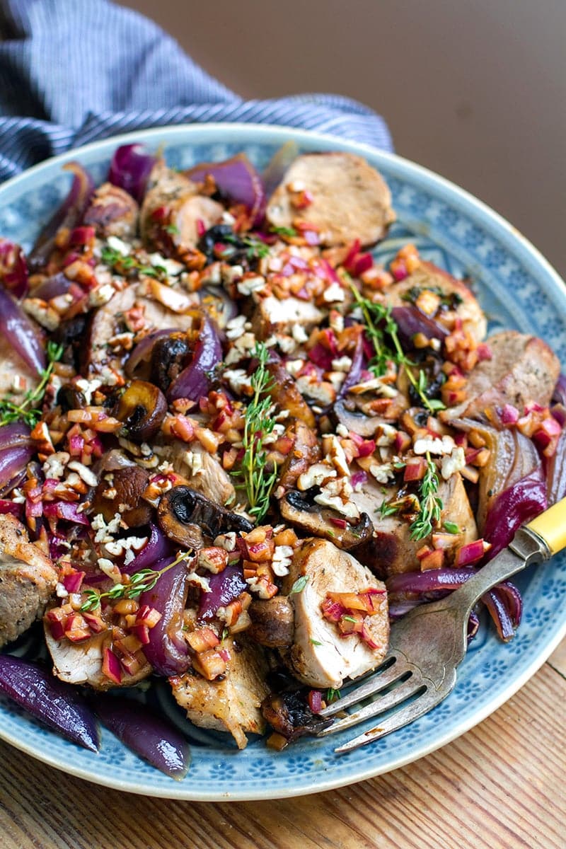 Roasted Pork Tenderloin With Mushrooms, Thyme & Balsamic Onions