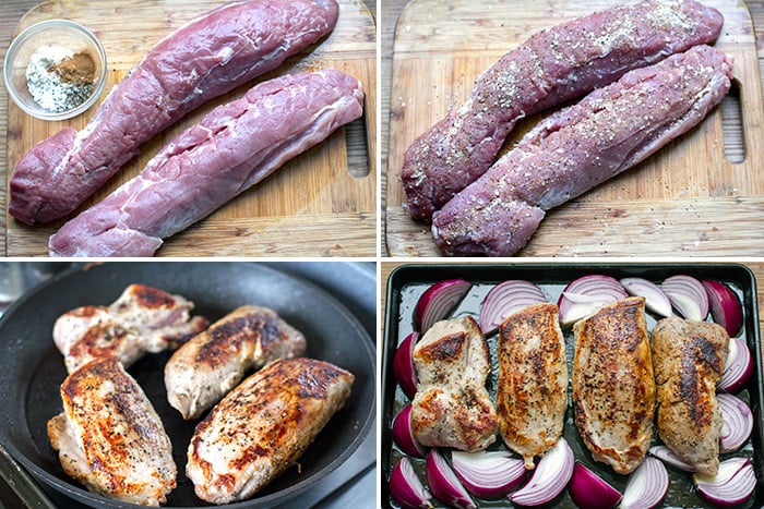 Pork tenderloin rubbed with spices and pan fried before roasting