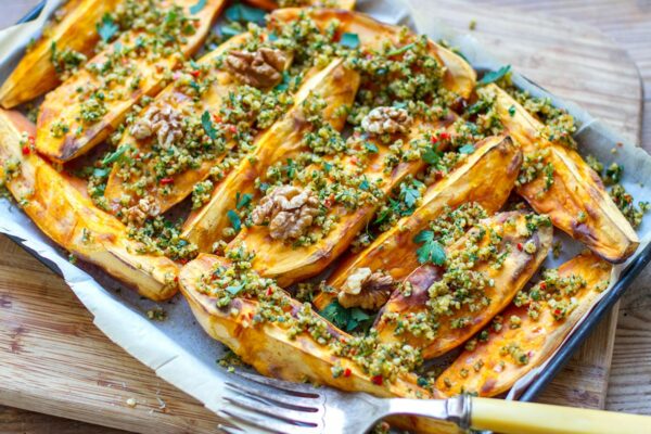 Roasted Sweet Potatoes With Garlic Walnut & Parsley Crumbs (Paleo, Vegan, Gluten-free, Whole30, Thanksgiving, Christmas)