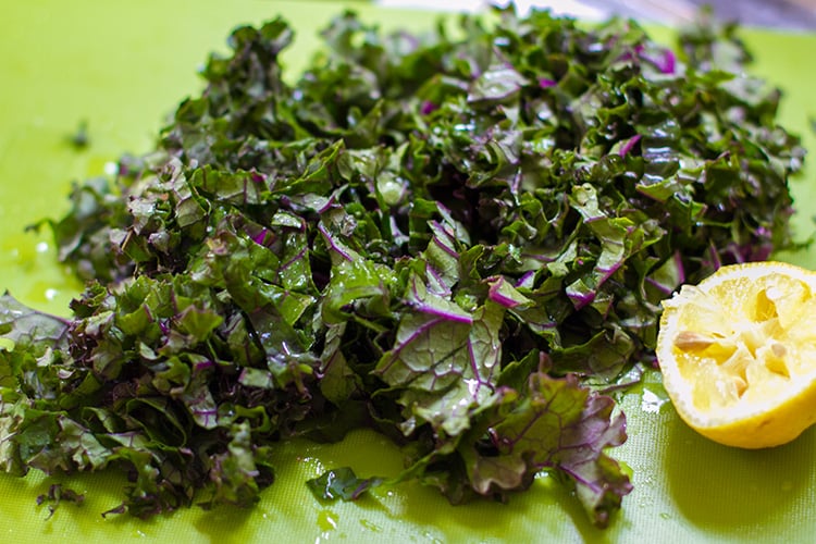 Massaging kale for the salad