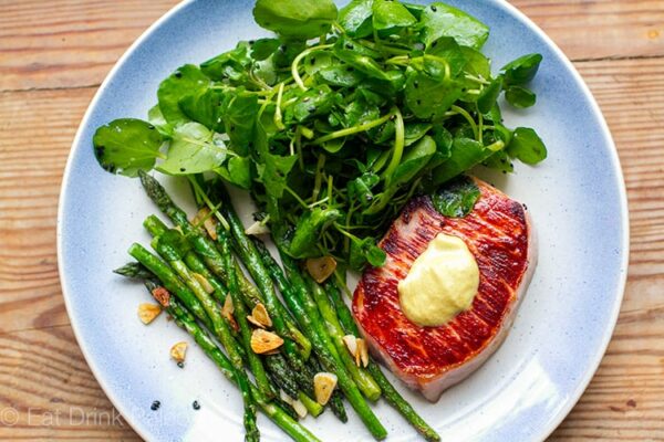 Quick & Easy Pork Steaks With Garlic Asparagus & Watercress Salad