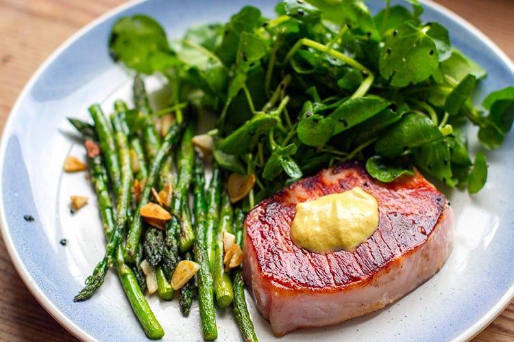 Paleo Pork Steaks With Mustard & Garlic Asparagus