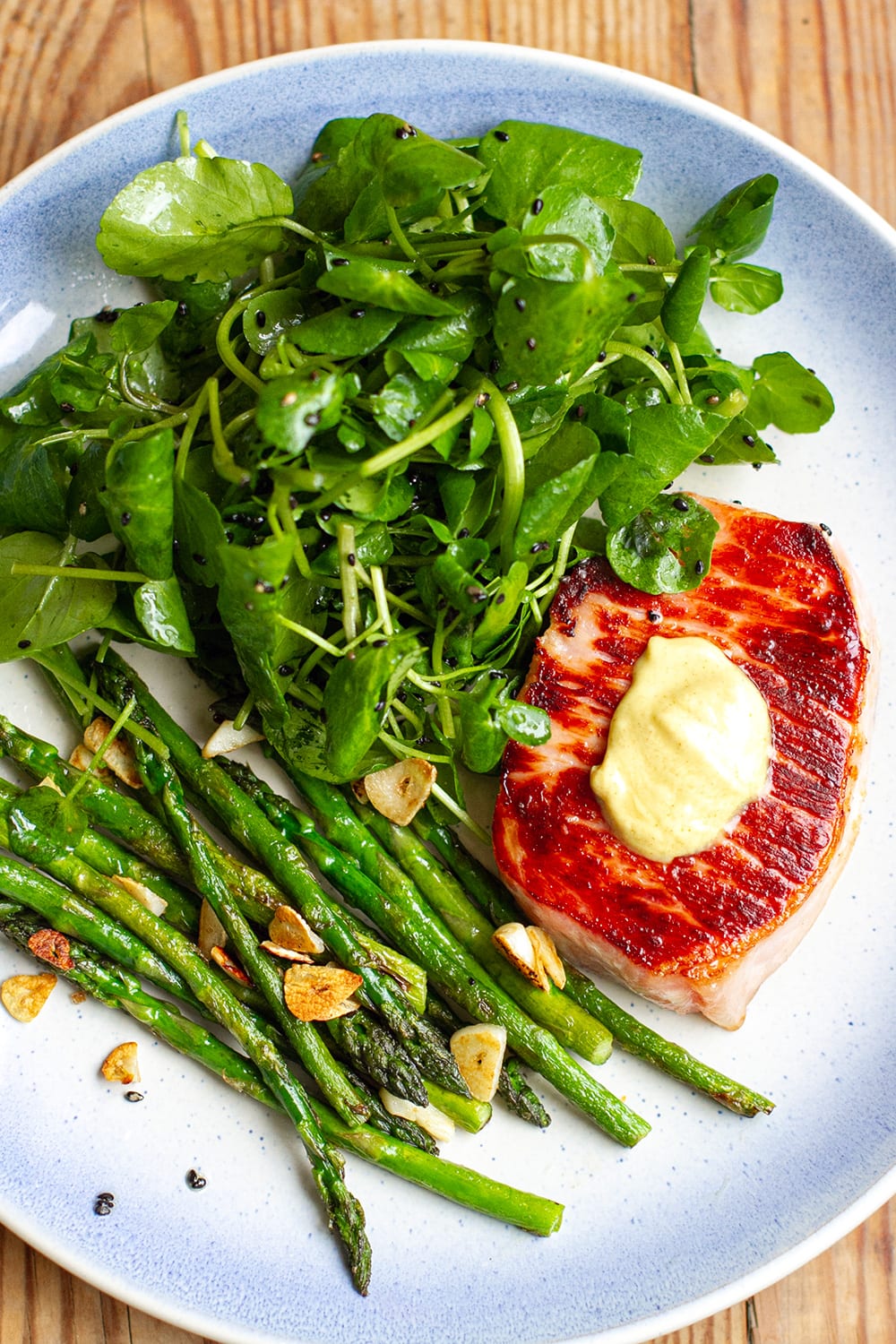 Grilled Pork Steak With Asparagus & Watercress Salad
