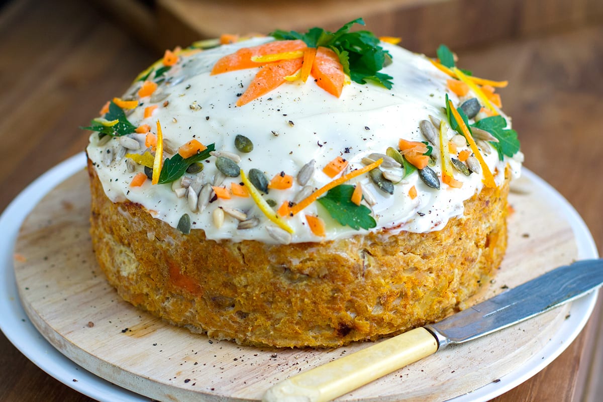 Savoury carrot cake with ground turkey and mayo frosting