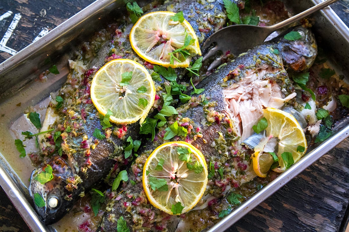 Whole Baked Trout With Herb Salsa & Lemon