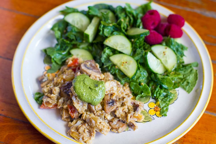 Basil cashew pesto over scrambled eggs