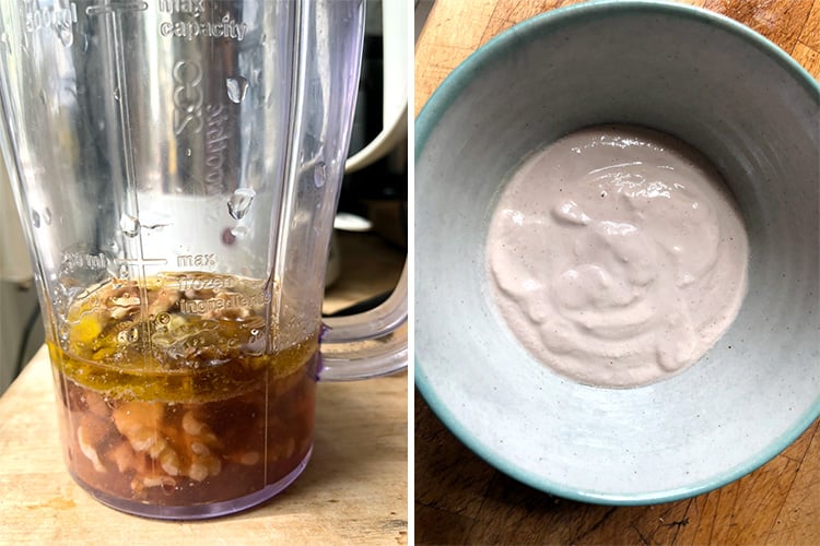 Making the walnut dressing for the Georgian salad