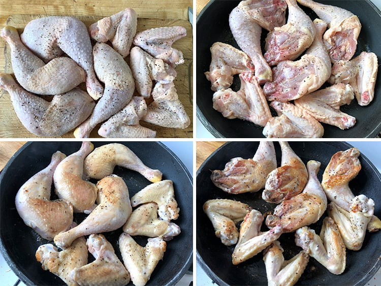 Pan frying the thicken before roasting it