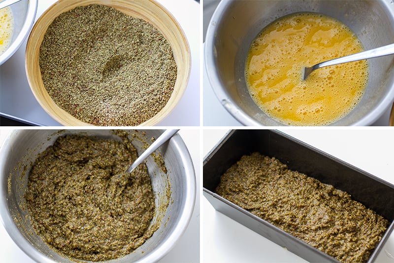 Mixing hemp flour with almond meal and linseed and whisking the eggs