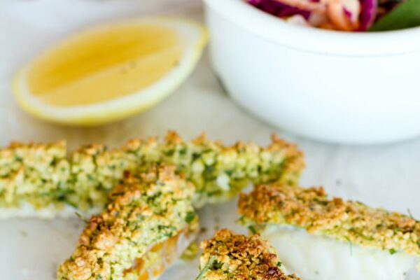 Paleo Fish Fingers With Macadamia Crust & Red Cabbage Tarragon Salad