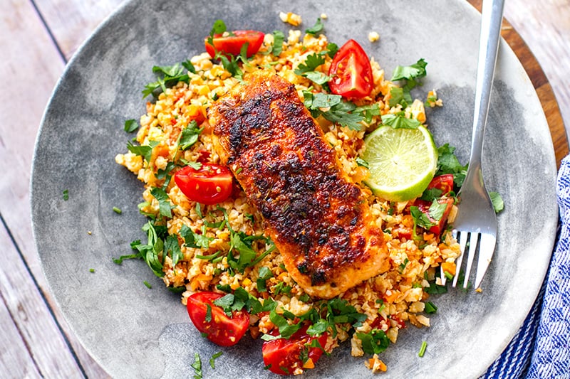 Paleo Cajun salmon with tomato cauliflower rice