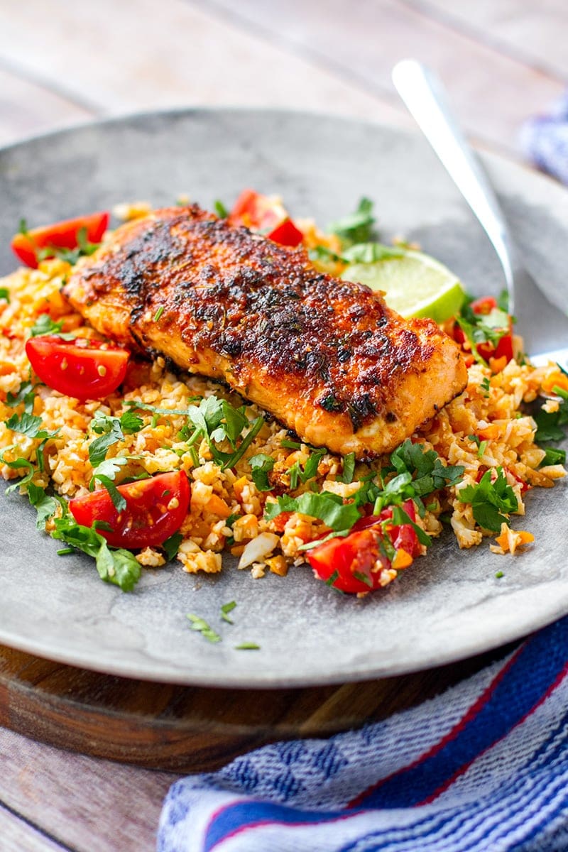 Paleo Cajun salmon with tomato cauliflower rice