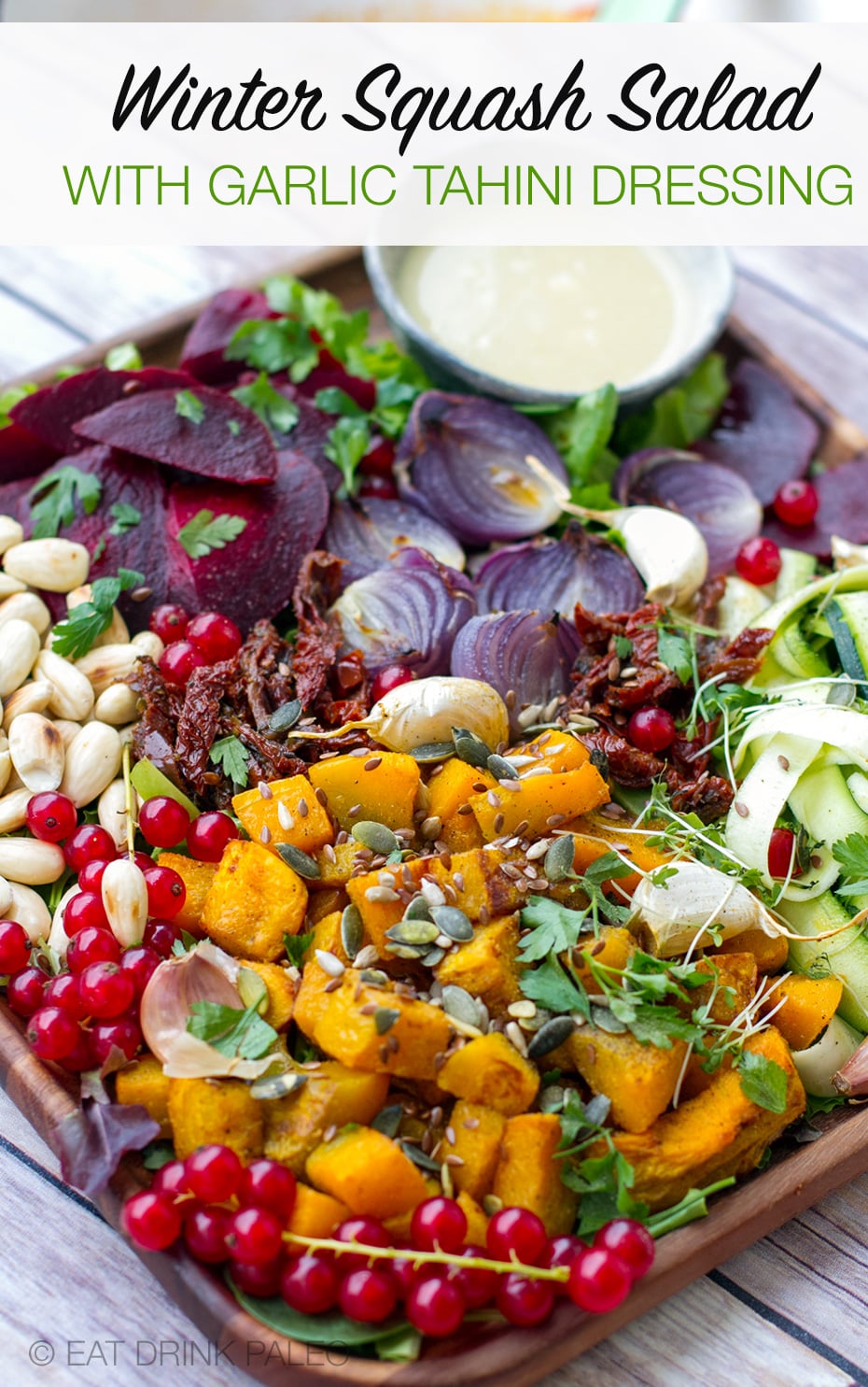 Fabulous fall salad with roasted kabocha winter squash, zucchini, beets, and tahini garlic dressing (Paleo, Gluten-Free, Grain-Free)