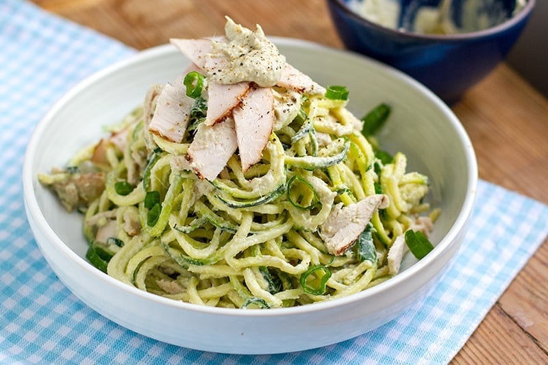 Paleo Zucchini Pasta With Artichoke Sauce & Turkey